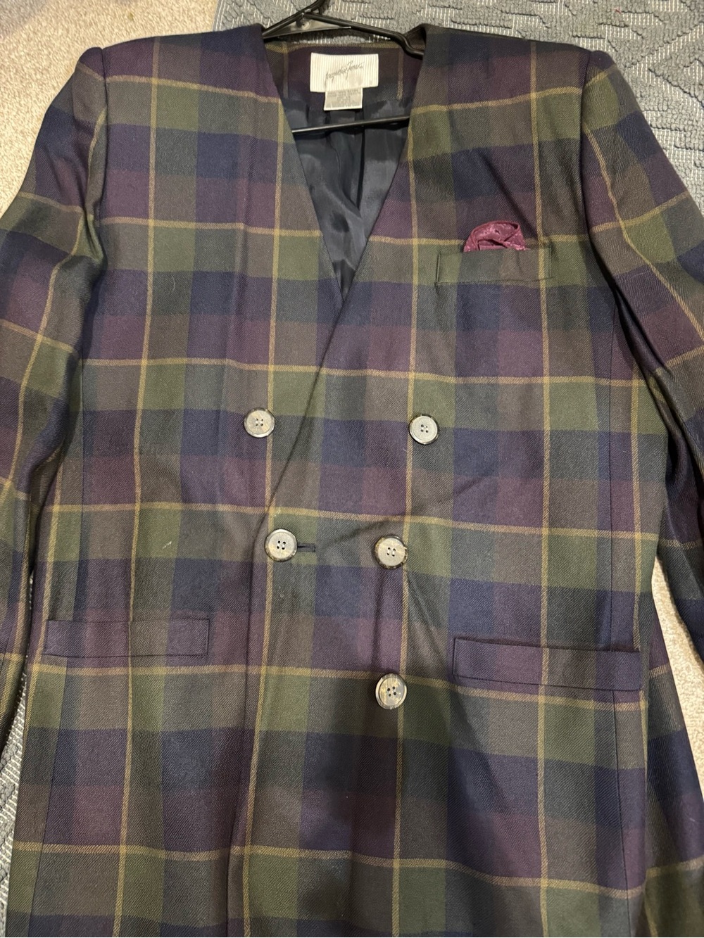 Jacqueline Ferrar Double-Breasted Plaid Blazer in Navy & Olive
